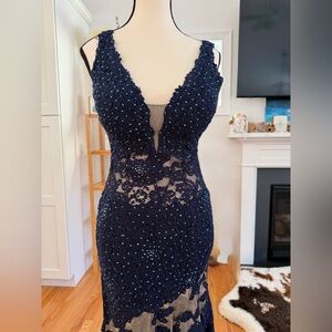 Jovani Navy Beaded fit to flare elegant formal evening gown